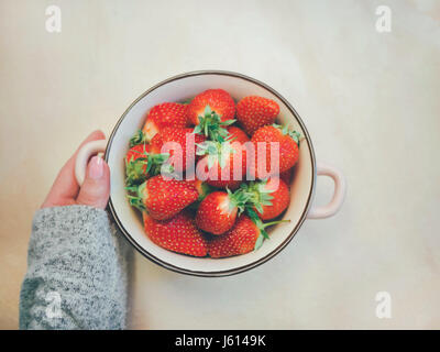 Coppa di fragole in mani di donna grigio che indossa un maglione pesante, il fuoco selettivo. Pulire mangiare, sani, vegetariana, dieta food concept Foto Stock