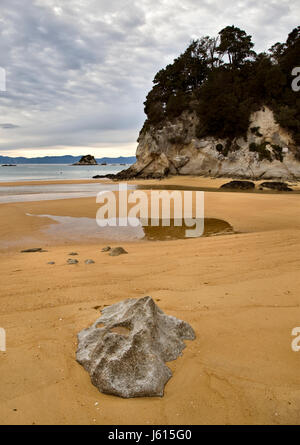 Spiaggia di sabbia dorata Nuova Zelanda Parco Nazionale Abel Tasman Foto Stock