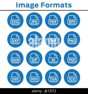 Icone per visualizzare diversi formati immagine, inclusi JPG, SVG, EPS, DXF, etc Illustrazione Vettoriale