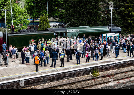 Hereford, Herefordshire. Il 19 maggio 2017. La folla si riuniscono per vedere Pacific locomotiva a vapore LNER Classe A3 4472 comunemente noto come il Flying Scotsman a Hereford stazione ferroviaria mentre viaggia da Shrewsbury a Cardiff e poi Newport a Bristol Parkway via Gloucester. Il 94 enne Flying Scotsman è stata originariamente costruiti a Doncaster per Londra e nord-orientale della ferrovia (LNER) che emergono dai lavori il 24 febbraio 1923. Credito: Jim legno/Alamy Live News Foto Stock