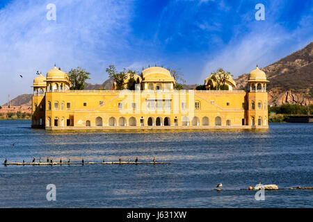 Jal Mahal (acqua) Palace si trova nel mezzo dell'uomo Sagar Lago, Rajasthan con aironi e altri uccelli seduti sulle rocce al lago Foto Stock