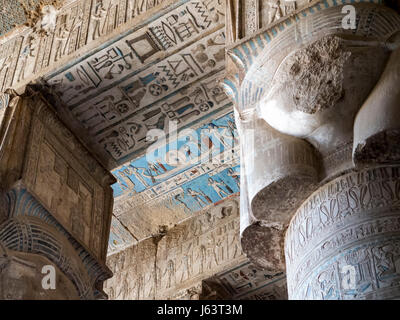 Verniciato a polvere di colore corte nel tempio di Denderah, nei pressi di Quena, Egitto Foto Stock