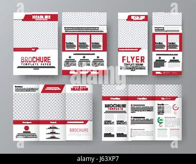 Disegno del lato anteriore e del lato posteriore brochure pieghevole, A4 flyer e una stretta flyer con rosso elementi di progettazione e di un posto per le foto. Lo stile aziendale modello. Ve Illustrazione Vettoriale