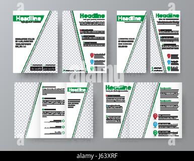 Flyer modello A4, una brochure pieghevole e una stretta per banner pubblicitari o di business. Design con diagonale elementi di verde per le foto. Illustra il vettore Illustrazione Vettoriale