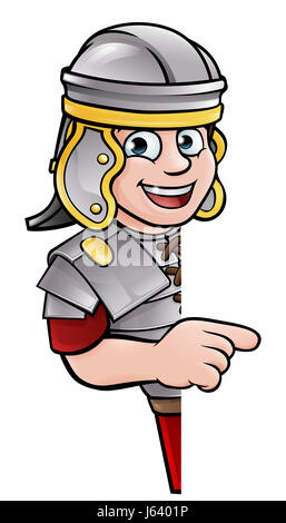 Un antico soldato romano personaggio dei fumetti peeking intorno a un segno e che puntano ad esso Foto Stock