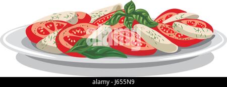 Illustrazione di insalata con formaggio mozzarella, pomodoro e basilico Illustrazione Vettoriale