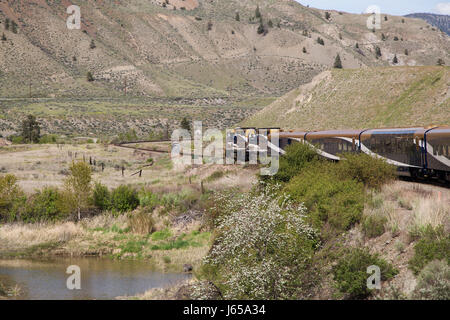 Il rocky mountaineer treno corre nel Canada occidentale. Il treno corre attraverso una valle boscosa. Foto Stock