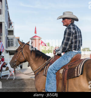 Cowboy a cavallo presso l annuale Calgary Stampede, Calgary, Alberta, Canada Foto Stock