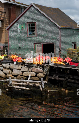 Boe al capannone di pesca in porto, West Dover, Halifax, Nova Scotia, Canada Foto Stock