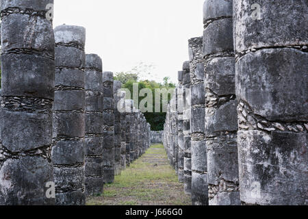 Le colonne del tempio di un migliaio di guerrieri in Chichen Itza, rovine della civiltà Maya, Messico Foto Stock