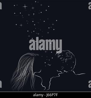 Due innamorati amanti del cielo notturno con stelle brillanti, illustrazione. Illustrazione Vettoriale