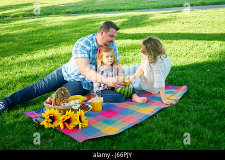 Famiglia giovane hanno picknic in un parco. Foto Stock