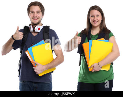 Gli studenti Thumbs up giovane donna uomo ritratto sorride persone isolate su uno sfondo bianco Foto Stock
