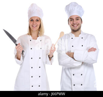 Apprendista cuoco partecipante tirocinanti cuochi in cucina con coltello cucchiaio giovani lavoro isolato su uno sfondo bianco Foto Stock