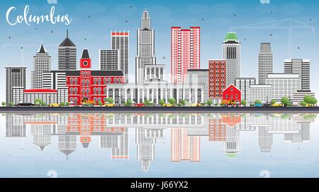 Columbus Skyline con edifici grigi, cielo blu e riflessi. Illustrazione Vettoriale. Viaggi di affari e di turismo con il concetto di architettura moderna. Illustrazione Vettoriale