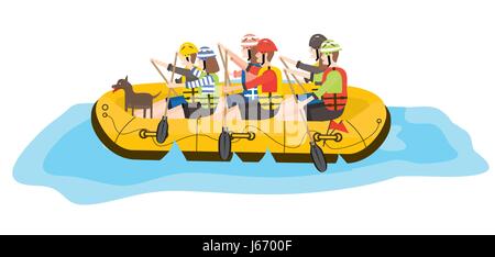 Il rafting. Sei persone e cane in barca giallo. Illustrazione Vettoriale. Illustrazione Vettoriale