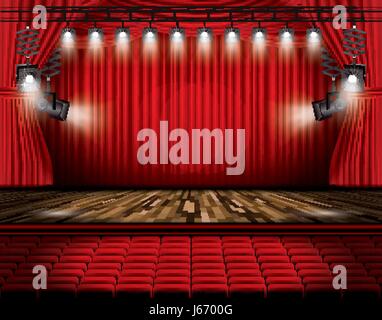 Red sipario di un palcoscenico con faretti, sedi e copia dello spazio. Illustrazione Vettoriale. Teatro, Opera o il Cinema scena. Luce su un pavimento. Illustrazione Vettoriale