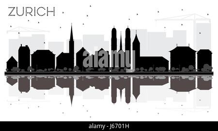 Zurigo Città skyline in bianco e nero con silhouette riflessioni. illustrazione vettoriale. semplice piatto concetto per il turismo presentazione, banner Illustrazione Vettoriale