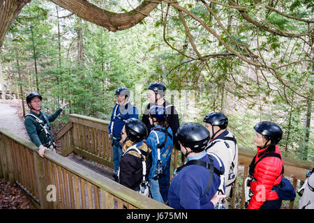 Michigan Mackinaw City, Mackinac state Historic Parks Park, storico Mill Creek Discovery Park, Forest Canopy Bridge, attrezzatura di sicurezza zip line, casco, INS Foto Stock