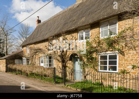 Un cottage con tetto di paglia con superriduttore, Heyford inferiore, vicino a Bicester, Oxfordshire, England, Regno Unito Foto Stock