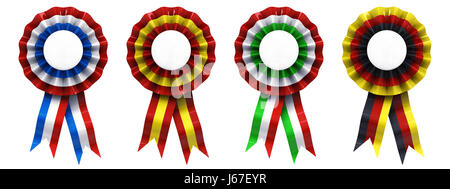 Set di American/francese , spagnolo , italiano e tedesco ribbon cockades isolato su bianco , bandiera nazionale rosette Foto Stock