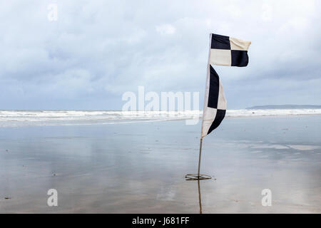 Un bianco e nero a scacchi bandiera di avvertimento sulla deserta spiaggia sabbiosa a Condino, Devon, Regno Unito Foto Stock