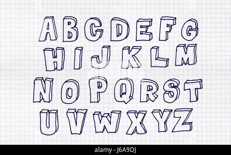 Disegnata a mano abc, doodle stile. Lettere blu su bianco carta quadrettata sfondo, schizzo illustrazione Foto Stock