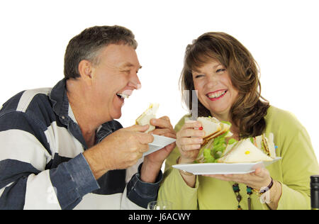 Sandwich di conversazione mangiare mangiare mangia insieme donna conversazione parlando di conversazione Foto Stock