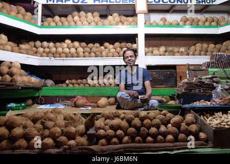 Fornitore indiano si siede dietro un gran mucchio di spellate noci di cocco marrone nel Nuovo Mercato a Calcutta il 11 febbraio, 2016. Foto Stock