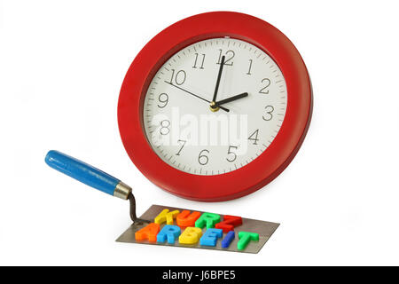 Orologio di misurazione del tempo di cazzuola di mattoni del tempo di lavoro in breve tempo le lettere di orologio Foto Stock