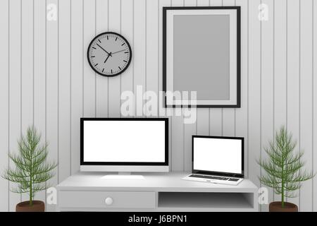 Mock up design in camera bianca con laptop e computer interno in 3D rendering Foto Stock