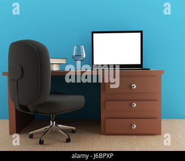 Mock up portatile con il lavoro in camera blu in 3D illustrazione Foto Stock