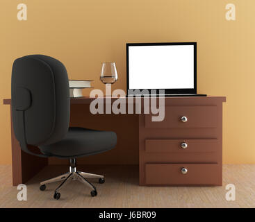 Mock up portatile con il lavoro in sala gialla in 3D illustrazione Foto Stock