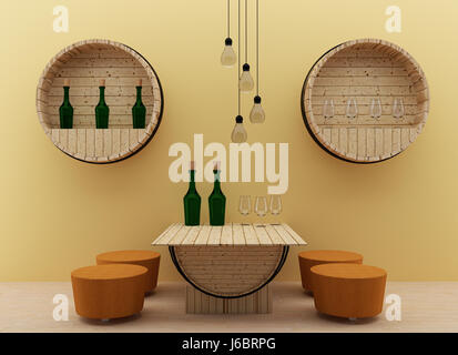 Arredamento moderno sala da pranzo con botti di rovere design in 3D render image Foto Stock