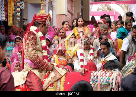 Giovane sposo su un cavallo che conduce la festa di nozze alla casa del bride in Pushkar, Rajasthan, India il 17 febbraio 2016. Foto Stock