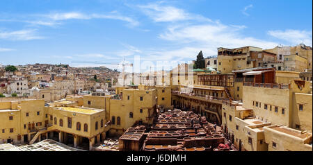 Panorama di Fez, Fes el Bali, Marocco, skyline della città e la tradizionale in pelle di conceria antica medina. Foto Stock