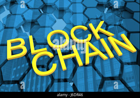 Catena di blocco di un concetto di rete , distribuiti ledger technology , Blockchain testo ed esagono a sei lati di un poligono sullo sfondo del simbolo . 3D illustrazione Foto Stock