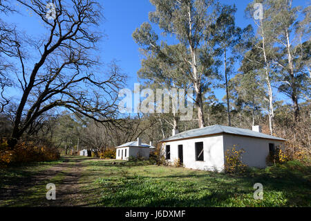 Carrington fila, vecchie case coloniche abbandonate in Joadja città fantasma, kerosene miniera di scisto, Southern Highlands, Nuovo Galles del Sud, NSW, Australia Foto Stock