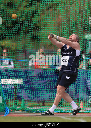 Andy Frost in uomini del martello durante la Loughborough Internazionali di atletica leggera evento a Paula Radcliffe Stadium. Foto Stock