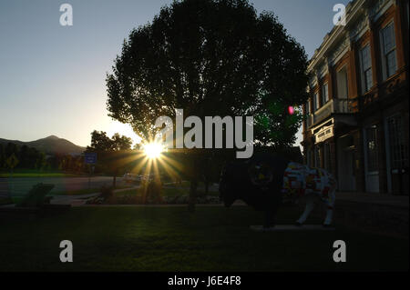 Raggi di sole il sorgere del sole sulle colline verso il lato di albero alto davanti alla sala del consiglio internazionale e bisonti, Capitol Hill, Salt Lake City, Utah, Stati Uniti d'America Foto Stock