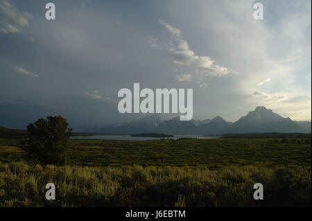 Serata estiva vista sud del lago Jackson Lodge Willow appartamenti si affacciano al lago Jackson e Teton picchi da Mount Moran al Grand Teton, Wyoming USA Foto Stock