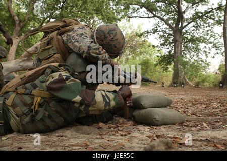 Un Marine con scopi speciali Air-Ground Marine Task Force - Risposta in caso di crisi - Africa, ispeziona il fucile di un membro del Senegal di Compagnie Fusilier de Marin Commando durante un live-Incendio campo a Toubakouta, Senegal, 13 aprile 2017. Marines con SPMAGTF-CR-AF e il COFUMACO condotta a quattro alla settimana di formazione professionale esercizio che includeva il combattimento avanzate tecniche di cottura, una mitragliatrice gamma e un live-fire attacco di plotone di gamma. (U.S. Marine Corps foto di Sgt. Samuel Guerra/rilasciato) Foto Stock