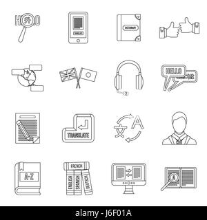 L apprendimento delle lingue straniere set di icone di stile di contorno Illustrazione Vettoriale
