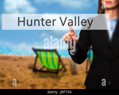 La Hunter Valley - Imprenditrice mano premendo il pulsante sul touch screen interfaccia. Business, tecnologia internet concetto. Stock Photo Foto Stock