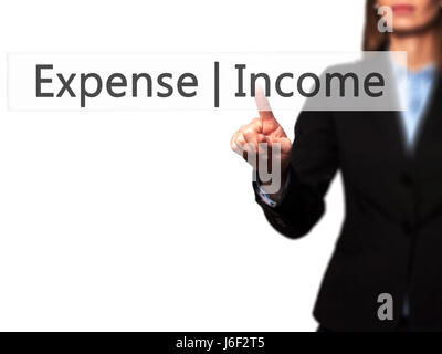Spese di reddito - Imprenditrice mano premendo il pulsante sul touch screen interfaccia. Business, tecnologia internet concetto. Stock Photo Foto Stock