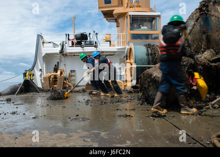 I membri dell'equipaggio a bordo della Guardia Costiera Cutter Oak rimuovono le cozze accumulate e la crescita marina da una boa al largo della costa del Massachusetts per mantenere la galleggiabilità e la sicurezza operativa. Foto Stock
