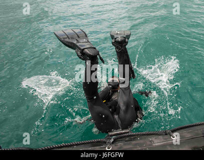 Philippine Navy Fireman 2a Engineman Dario D. Bartolay, costruzione subacquea Team con le forze armate delle Filippine, entra in acqua durante un tuffo nel supporto di Balikatan 2017 a Ipil Porto di Ormoc City, Leyte, 15 maggio 2017. La formazione di immersione Prepara filippino e degli Stati Uniti i membri di servizio al fine di rimuovere i detriti nei porti e di aprire le linee di alimentazione per le vittime di catastrofi naturali e di crisi. Balikatan è un annuale U.S.-Philippine bilaterale di esercitazione militare incentrato su una varietà di comprese le missioni umanitarie e di soccorso in caso di catastrofe, la lotta contro il terrorismo e altri combinati di operazioni militari. (U Foto Stock