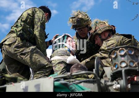 Soldati canadesi della seconda brigata meccanizzata gruppo condotta casualty operazioni di evacuazione per simulare un incidente a Camp Wainwright come parte di esercizio Maple risolvere 17 in Wainwright, Alberta. Esercizio Maple risolvere 17 è l'esercito canadese del più grande evento di formazione dell'anno coinvolgendo circa 4 mila soldati canadesi, 1.000 U.S. Soldati e servicemembers dalla Gran Bretagna, Australia, Nuova Zelanda e Francia, tenutasi il 14 maggio a 29. Foto Stock