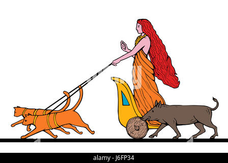 Equitazione donna dea cinghiale chariot pussycat cat gatto domestico donna isolato Foto Stock