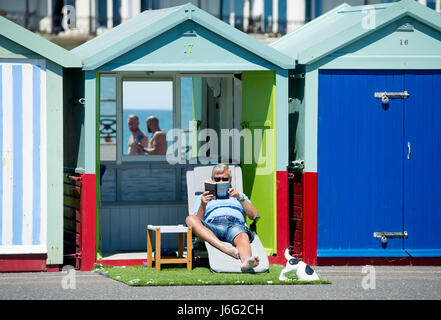 Brighton, Regno Unito. 21 Maggio, 2017. Lucertole da mare a loro cabine sulla spiaggia, godetevi le belle giornate di sole sul lungomare Hove questo pomeriggio con previsioni di domani per essere il giorno più caldo dell'anno finora Credito: Simon Dack/Alamy Live News Foto Stock